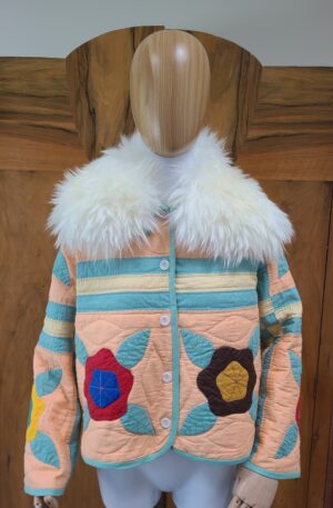 Floral Applique Chore Jacket with Sheepskin Collar